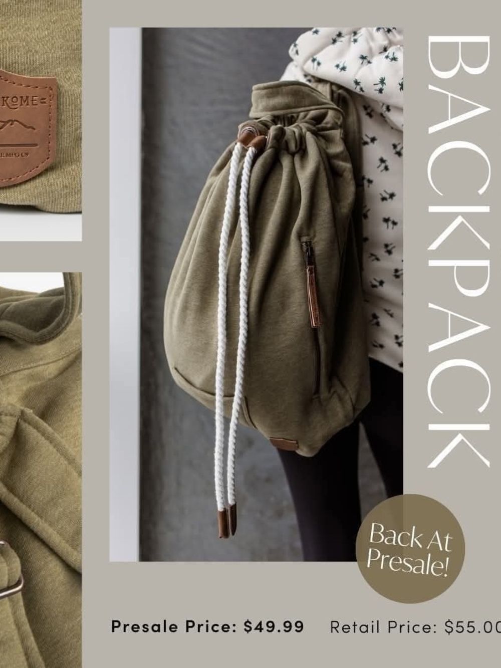 Olive Drawstring Backpack with White Rope